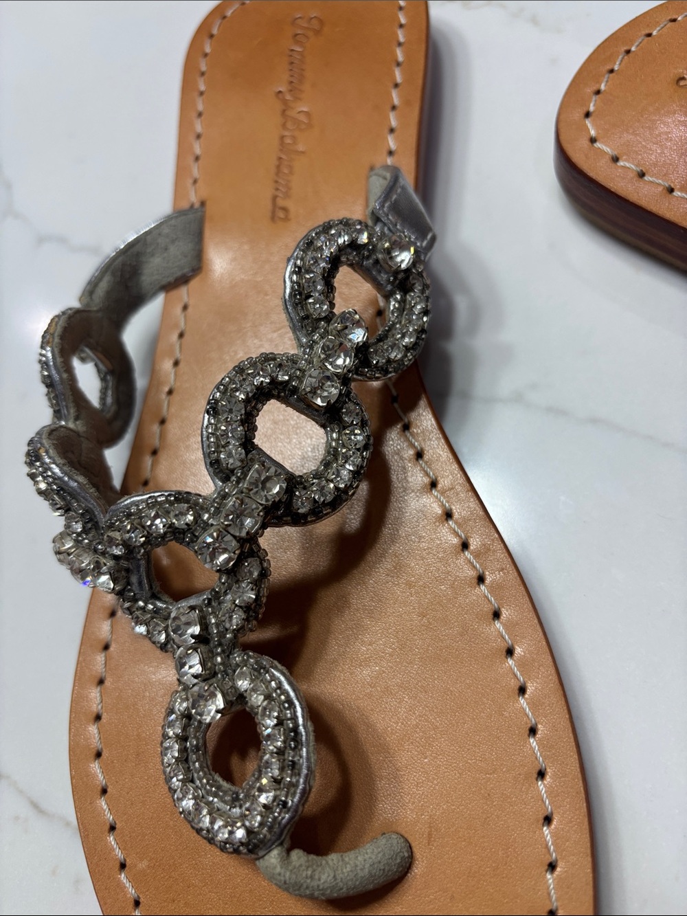 Tommy Bahama Silver Beaded T-Strap Sandals with Brown Footbed - Picture 6 of 12